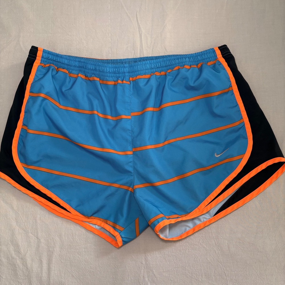 Nike Dri-FIT Womens Running Shorts Blue Orange‎ Striped Athletic Training Size M